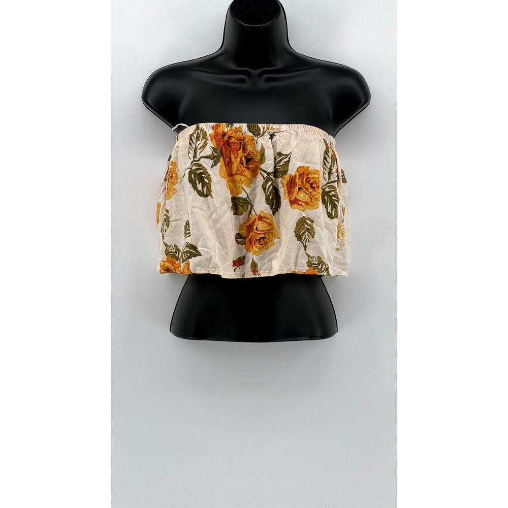 FREE2BU Women's Cream Floral Print Ruffle Strapless Crop Top SZ 6